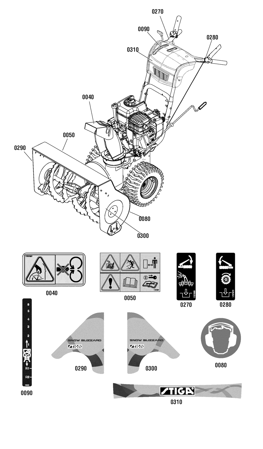 Decals Group Diagram and Parts List for 1696035-18-2830-32 2011 Briggs and Stratton Snow Blower
